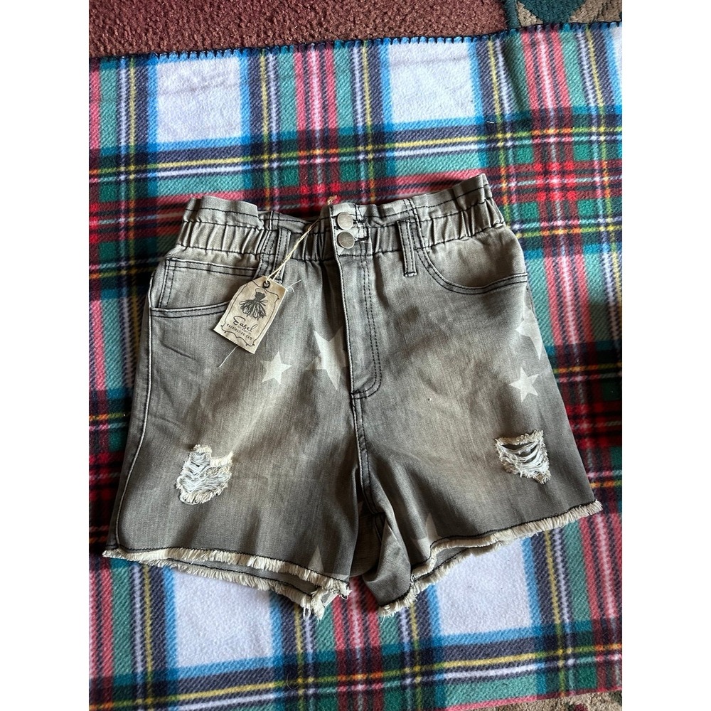 Easel Los Angeles Star Print Paperbag Waist Distressed Denim Shorts Grey New